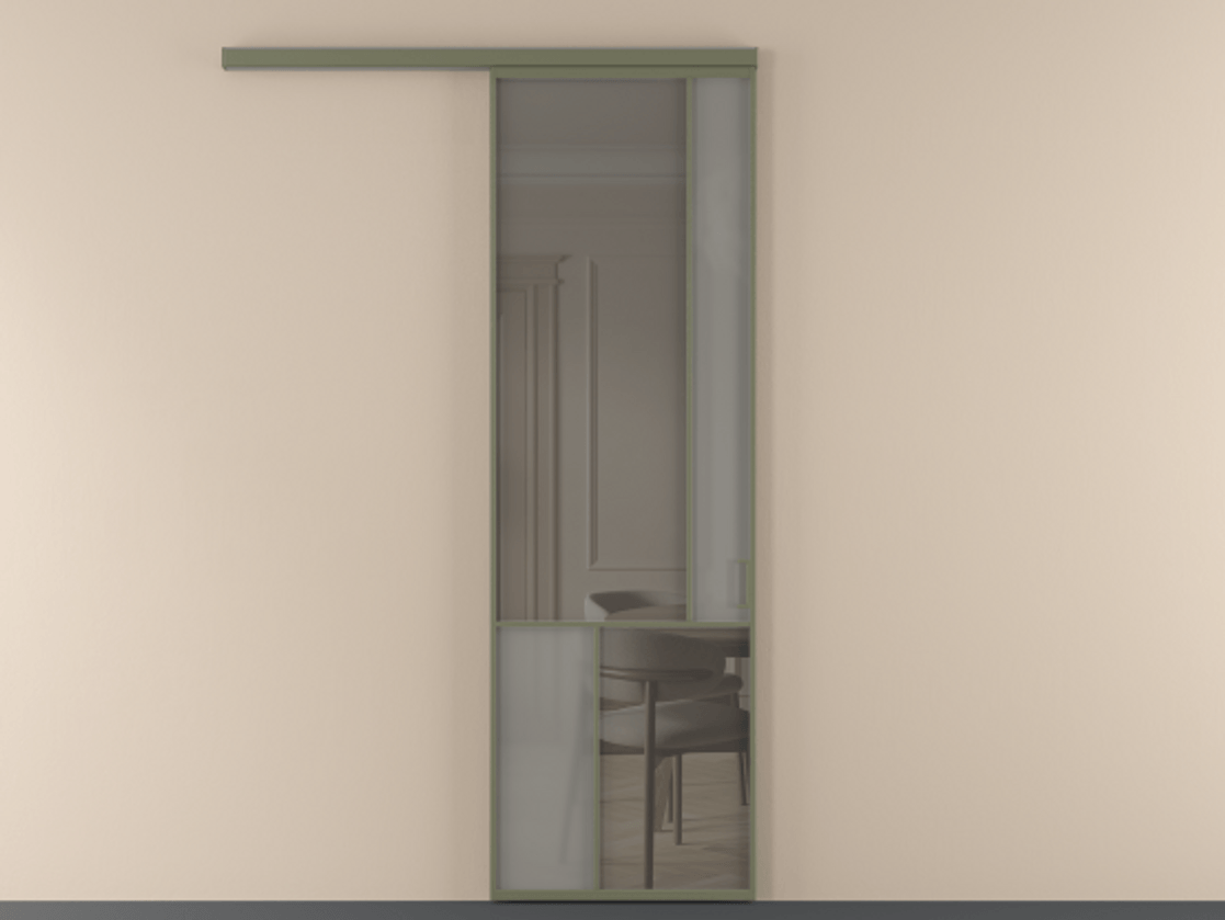 Перегородка Мозаик вдоль стены 1 створка АЛПР 041.21 Алюминий оливковый тёмный Сатинированное серое стекло, триплекс, 6 мм + Прозрачное серое стекло, триплекс Цена 924130 AMD | Volhovec