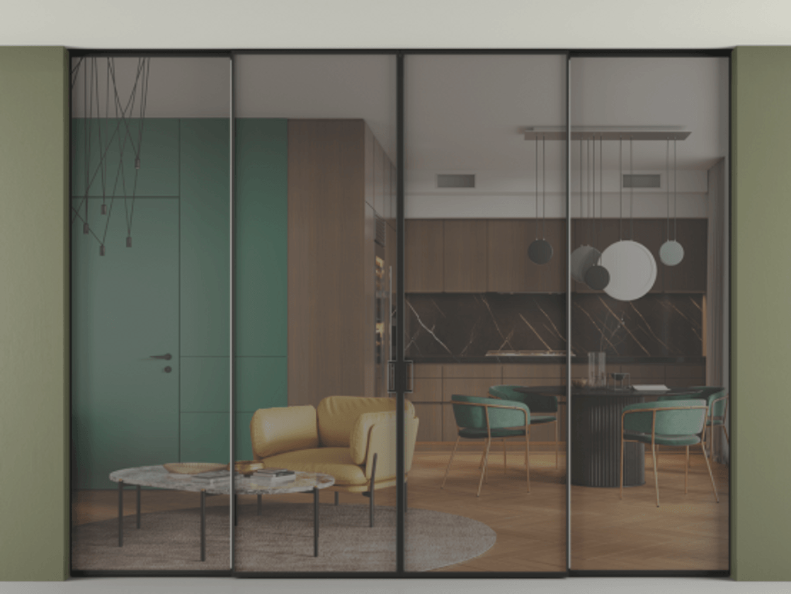 Перегородка Формато внутри проёма скрытое крепление в потолок 4 створки АЛПР 040.01 Алюминий Черный Прозрачное серое стекло, триплекс Цена 3266930 AMD | Volhovec