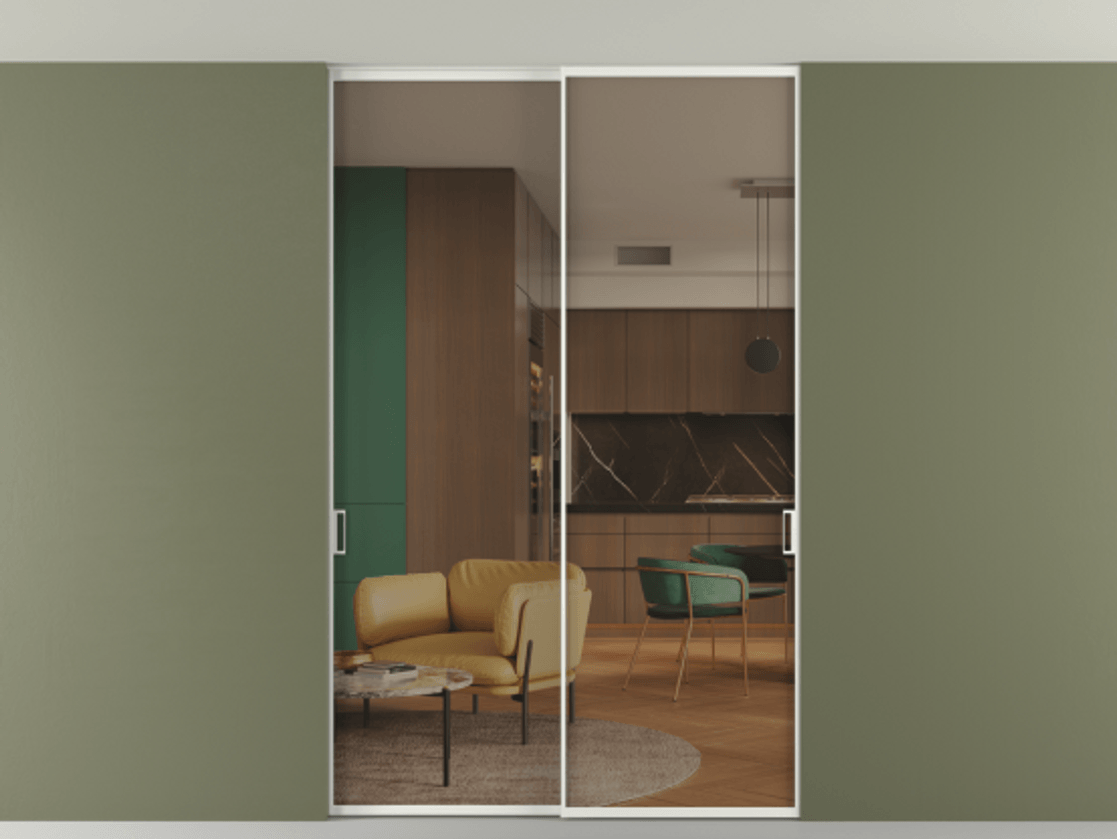 Перегородка Формато внутри проёма скрытое крепление в потолок 2 створки АЛПР 040.01 Алюминий светло-серый Прозрачное бронзовое стекло, триплекс Цена 1613870 AMD | Volhovec