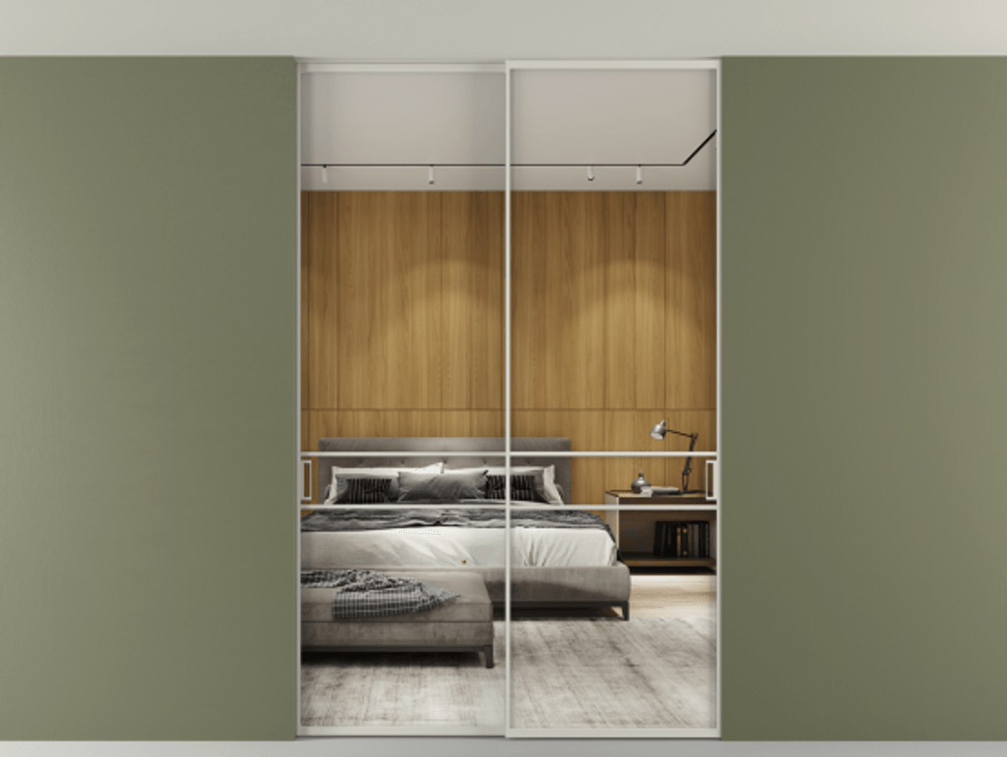 Перегородка Formato внутри проёма скрытое крепление в потолок 2 створки АЛПР 040.02 Алюминий тёплый серый Двустороннее зеркало, триплекс , триплекс 6 мм Цена 1673960 AMD | Volhovec