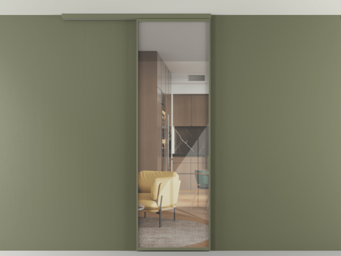 Перегородка Формато вдоль стены на потолок 1 створка АЛПР 040.01 Алюминий оливковый тёмный Рефлективное прозрачное стекло "Стопсол", калёное Цена 806380 AMD | Volhovec