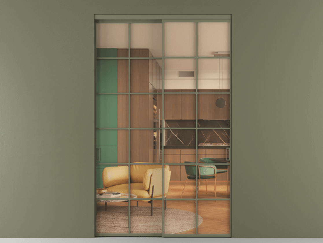 Перегородка Formato внутри проёма 2 створки АЛПР 040.05 Алюминий оливковый тёмный Прозрачное оранжевое стекло, триплекс Цена 3223000 AMD  | Volhovec