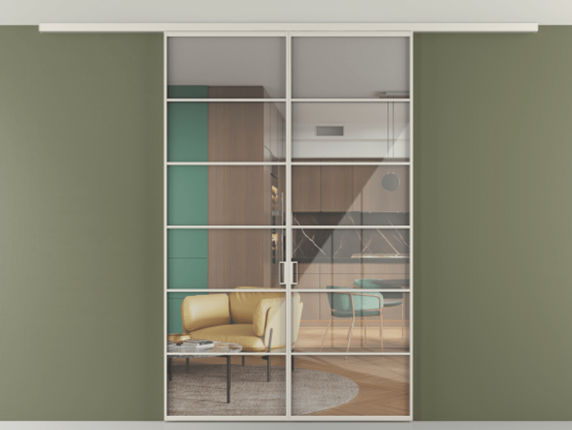 Перегородка Формато вдоль стены на потолок 2 створки АЛПР 040.04 Алюминий облачно-серый Рефлективное прозрачное стекло "Стопсол", калёное Цена 1493150 AMD | Volhovec