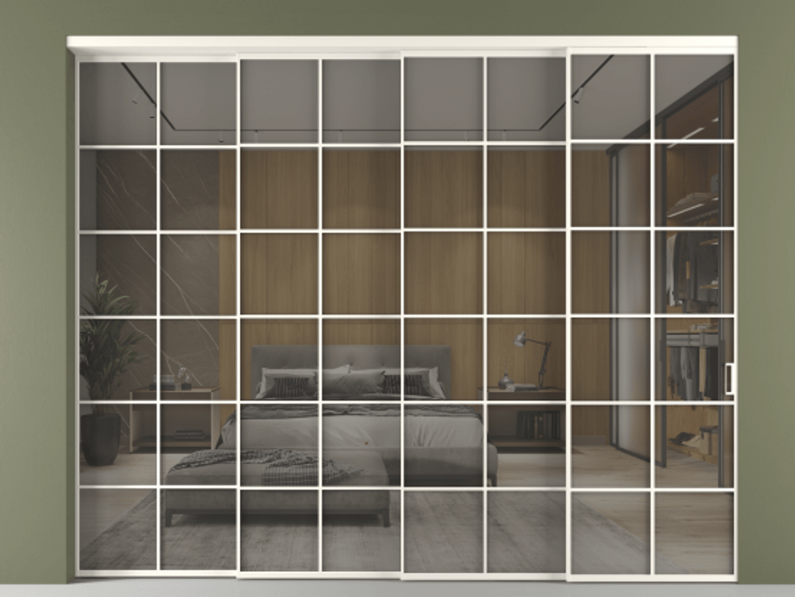 Перегородка Формато внутри проёма 4 створки с синхронным механизмом АЛПР 040.05 Алюминий пудровый белый Рефлективное серое стекло "Стопсол", калёное Цена 3468300 AMD | Volhovec