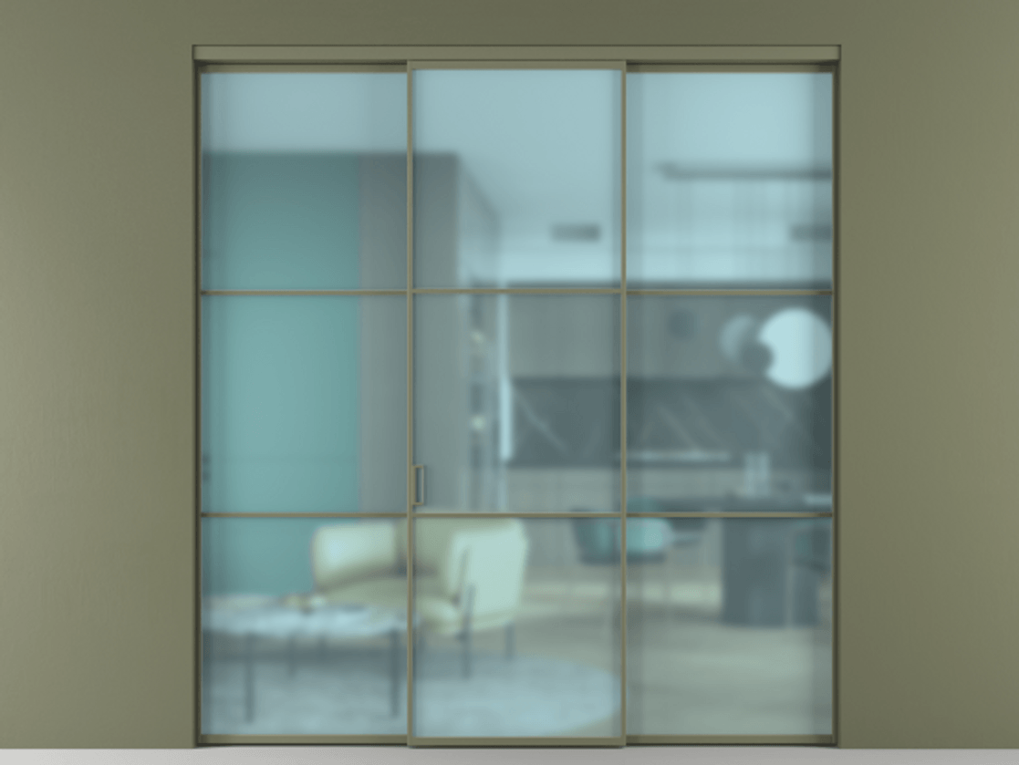 Перегородка Формато внутри проёма 3 створки АЛПР 040.03 Алюминий оливковый тёмный Сатинированное голубое стекло, триплекс Цена 1600200 AMD | Volhovec