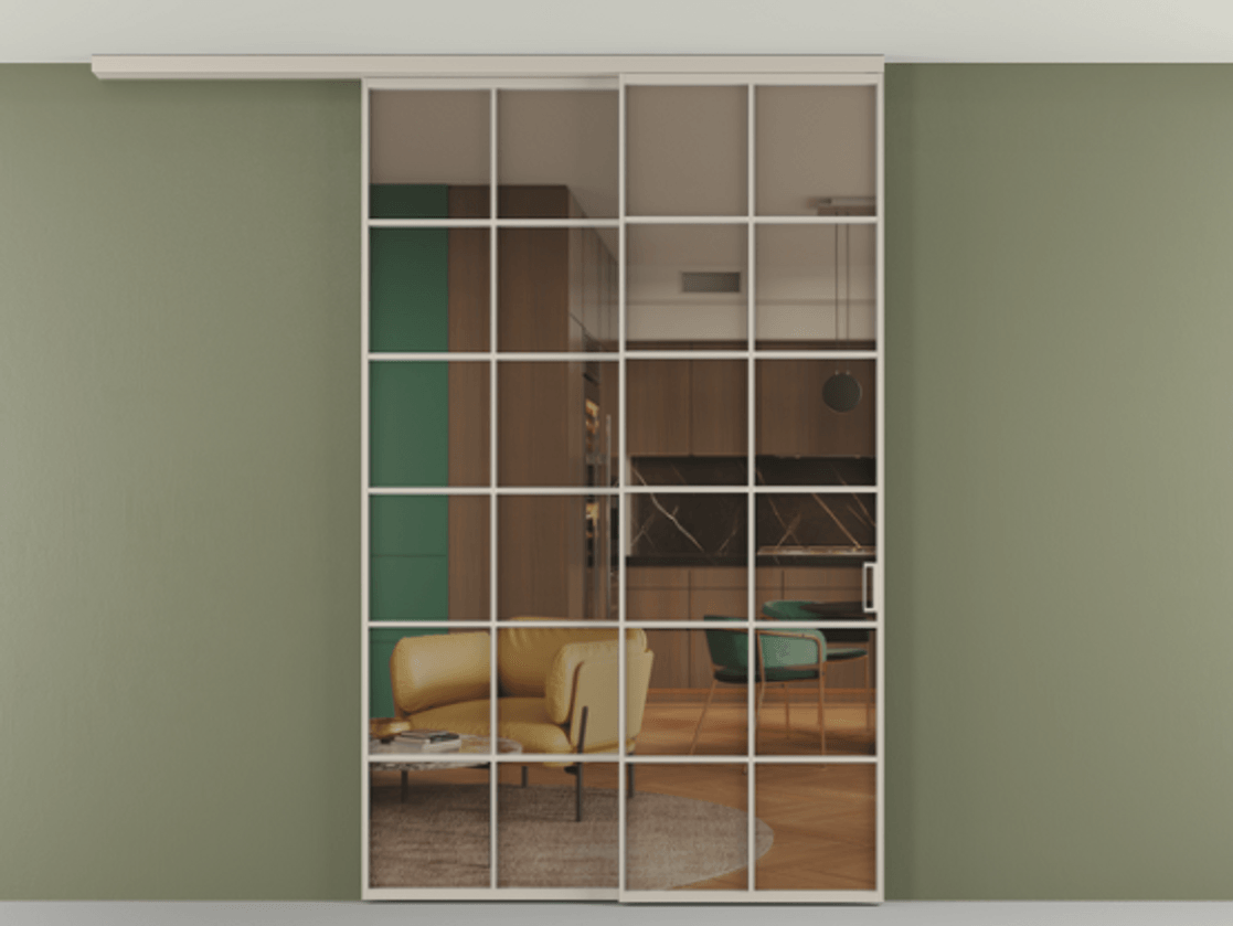 Перегородка Формато вдоль стены на потолок 2 створки с синхронным механизмом АЛПР 040.05 Алюминий светло-бежевый Прозрачное бронзовое стекло, триплекс Цена 1967250 AMD | Volhovec