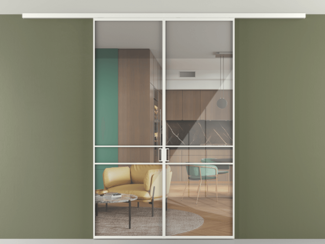 Перегородка Формато вдоль стены на потолок 2 створки АЛПР 040.02 Алюминий светло-серый Рефлективное прозрачное стекло "Стопсол", калёное Цена 1645000 AMD | Volhovec