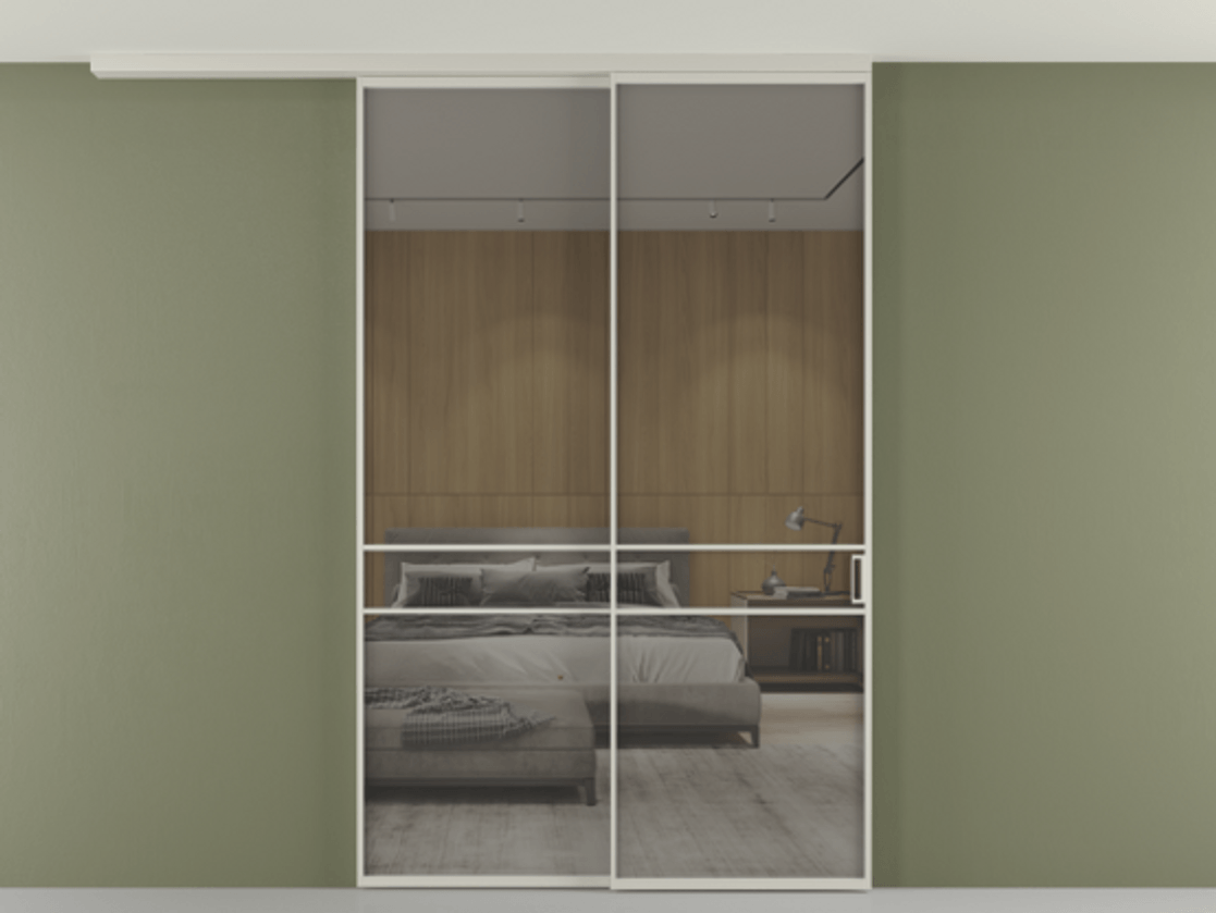 Перегородка Формато вдоль стены на потолок 2 створки с синхронным механизмом АЛПР 040.02 Алюминий тёплый серый Рефлективное серое стекло "Стопсол", калёное Цена 2205420 AMD | Volhovec