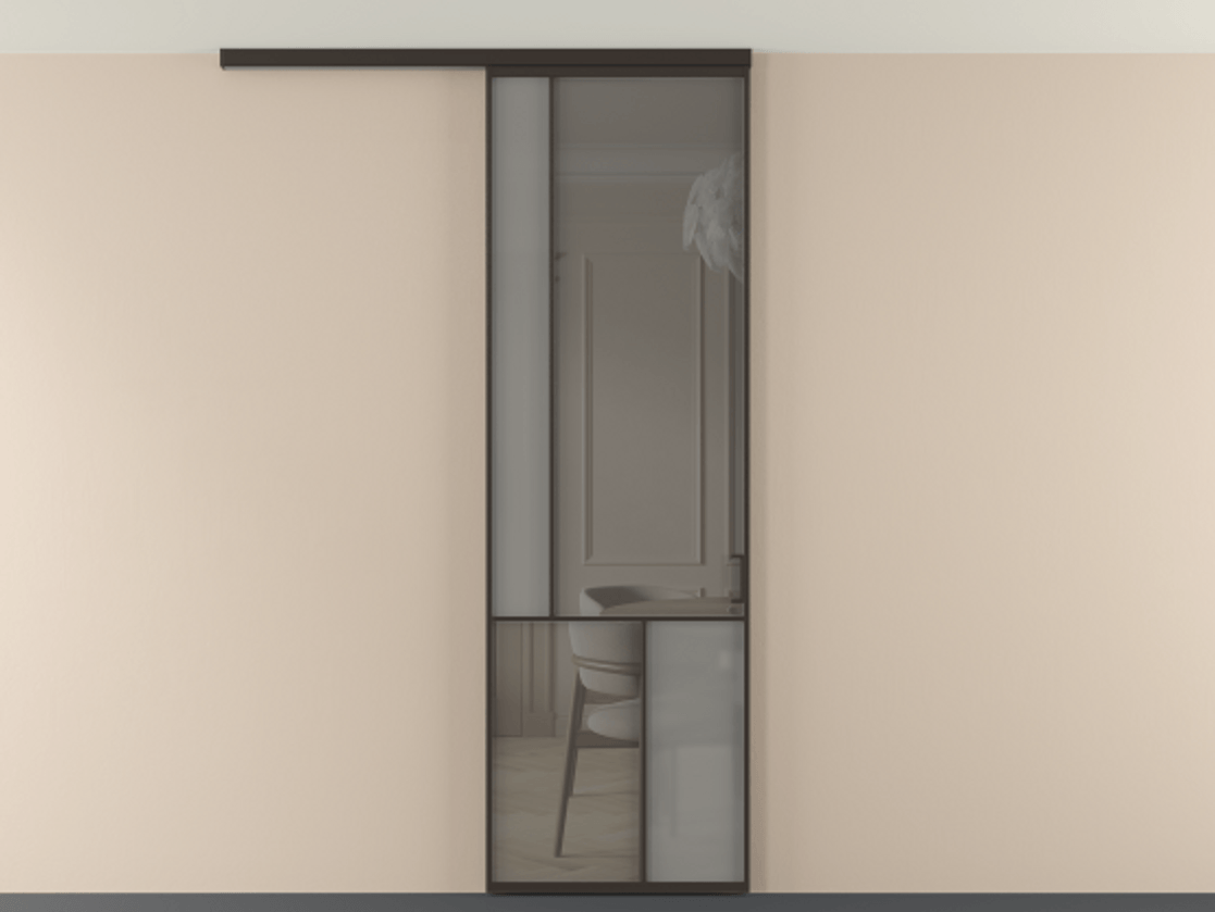 Перегородка Мозаик вдоль стены на потолок 1 створка АЛПР 041.20 Алюминий антрацит Сатинированное серое стекло, триплекс, 6 мм + Прозрачное серое стекло, триплекс Цена 910710 AMD | Volhovec