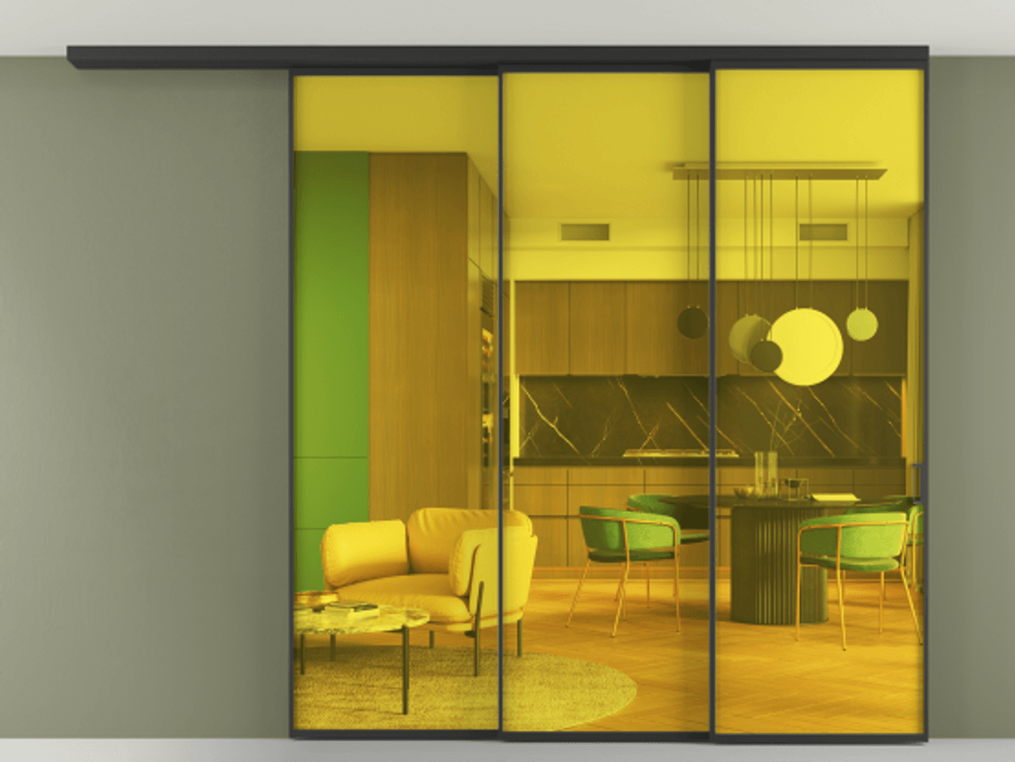 Перегородка Formato вдоль стены на потолок 3 створки с синхронным механизмом АЛПР 040.01 Алюминий Черный Прозрачное жёлтое стекло, триплекс Цена 2452300 AMD | Volhovec