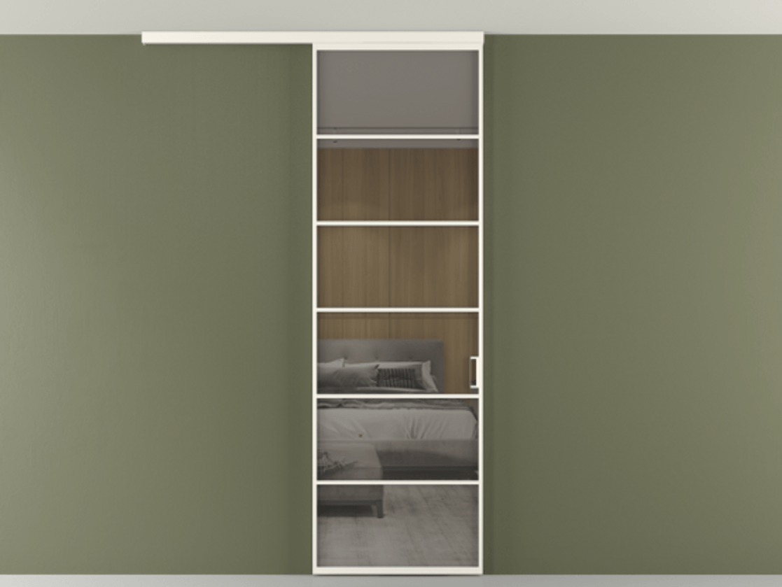 Перегородка Formato вдоль стены на потолок 1 створка АЛПР 040.04 Алюминий пудровый белый Рефлективное серое стекло "Стопсол", калёное Цена 904300 AMD | Volhovec