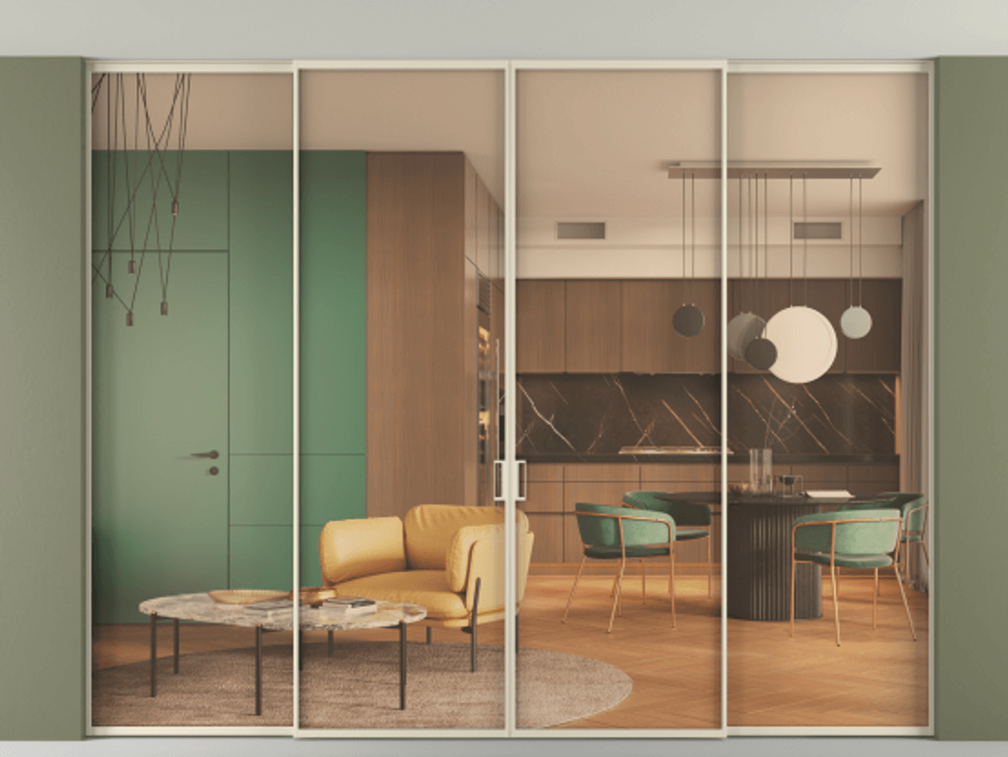 Перегородка Formato внутри проёма скрытое крепление в потолок 4 створки АЛПР 040.01 Алюминий бежево-серый Прозрачное оранжевое стекло, триплекс Цена 3367800 AMD | Volhovec