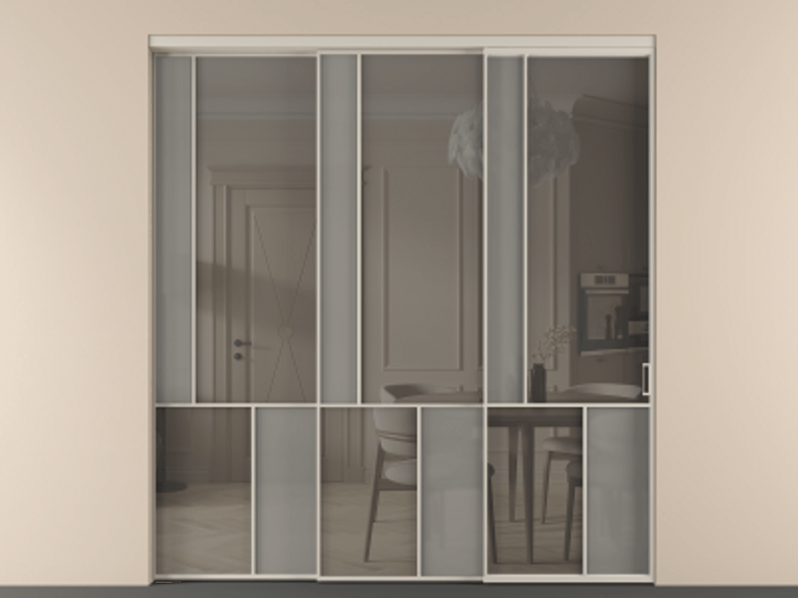 Перегородка Мозаик внутри проёма 3 створки с синхронным механизмом АЛПР 041.20  Алюминий светло-бежевый Сатинированное серое стекло, триплекс, 6 мм + Прозрачное серое стекло, триплекс Цена 2949760 AMD | Volhovec