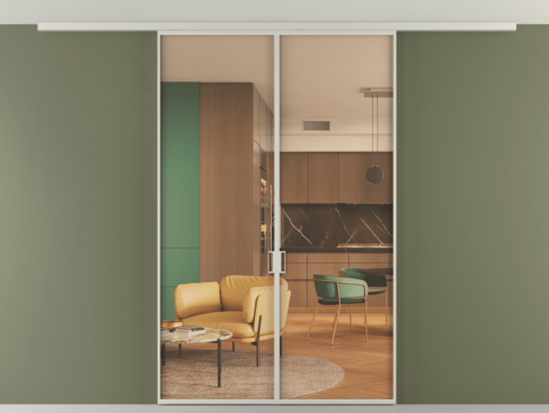 Перегородка Формато вдоль стены на потолок 2 створки АЛПР 040.01 Алюминий тёплый серый Прозрачное оранжевое стекло, триплекс Цена 1198400 AMD | Volhovec