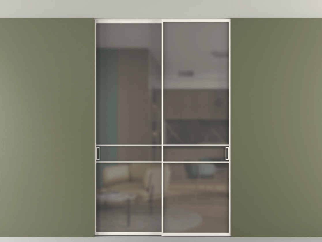 Перегородка Формато внутри проёма скрытое крепление в потолок 2 створки АЛПР 040.02 Алюминий пудровый белый Сатинированное серое стекло, триплекс Цена 1673960 AMD | Volhovec