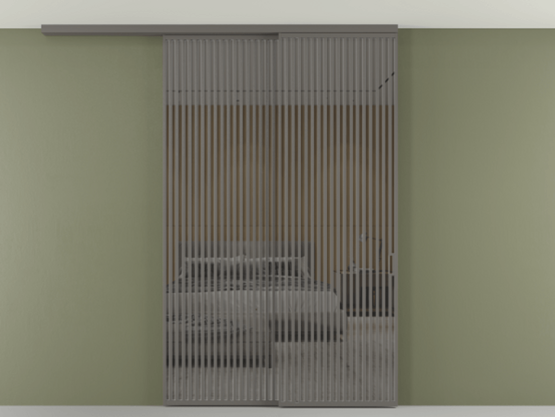 Перегородка Формато вдоль стены на потолок 2 створки с синхронным механизмом АЛПР 040.06 Алюминий классический серый Рефлективное серое стекло "Стопсол", калёное Цена 3124200 AMD | Volhovec