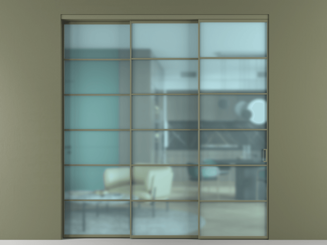 Перегородка Formato внутри проёма 3 створки с синхронным механизмом АЛПР 040.04 Алюминий оливковый тёмный Сатинированное голубое стекло, триплекс Цена 2449800 AMD  | Volhovec