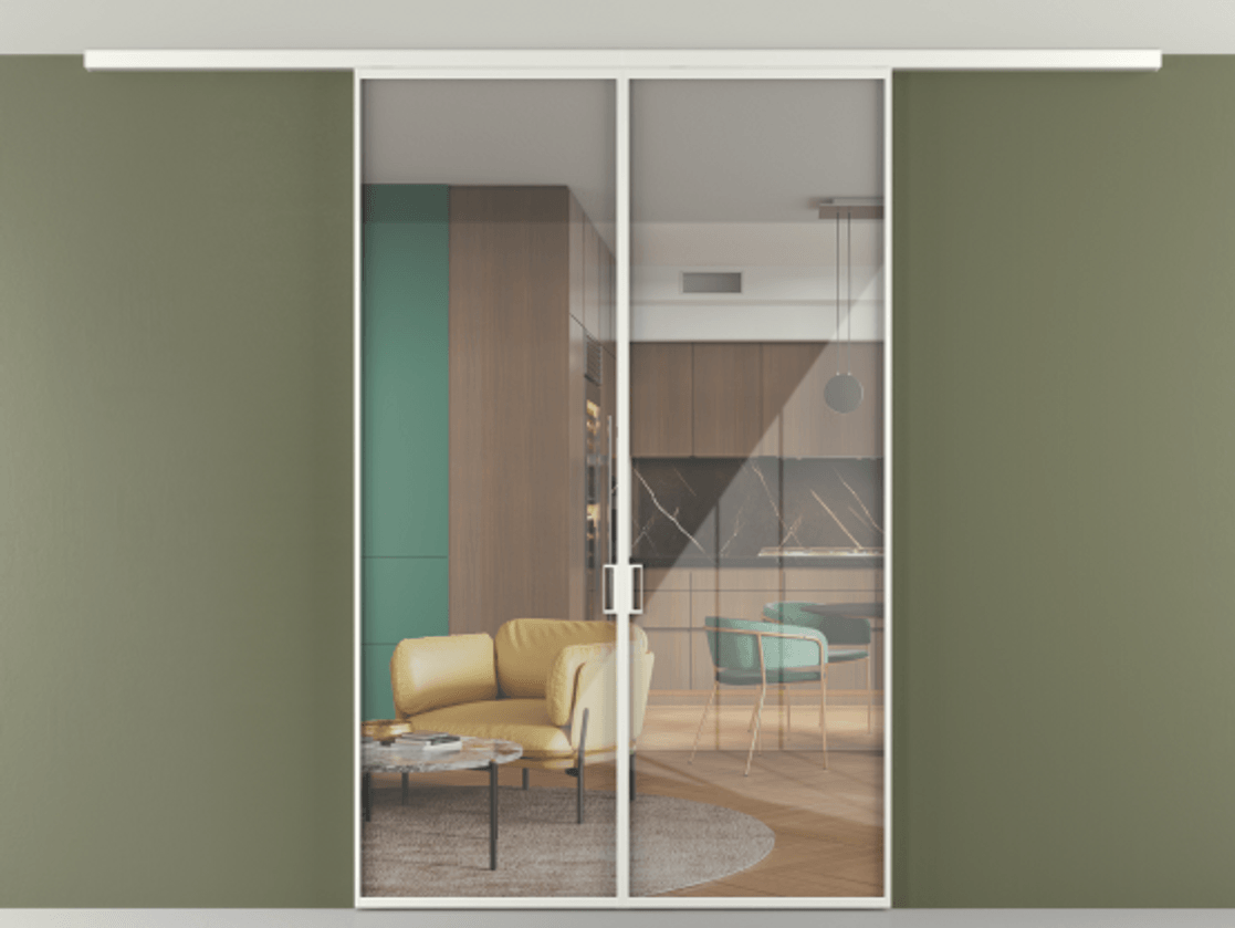 Перегородка Формато вдоль стены на потолок 2 створки АЛПР 040.01 Алюминий светло-серый Рефлективное прозрачное стекло "Стопсол", калёное Цена 1564880 AMD | Volhovec