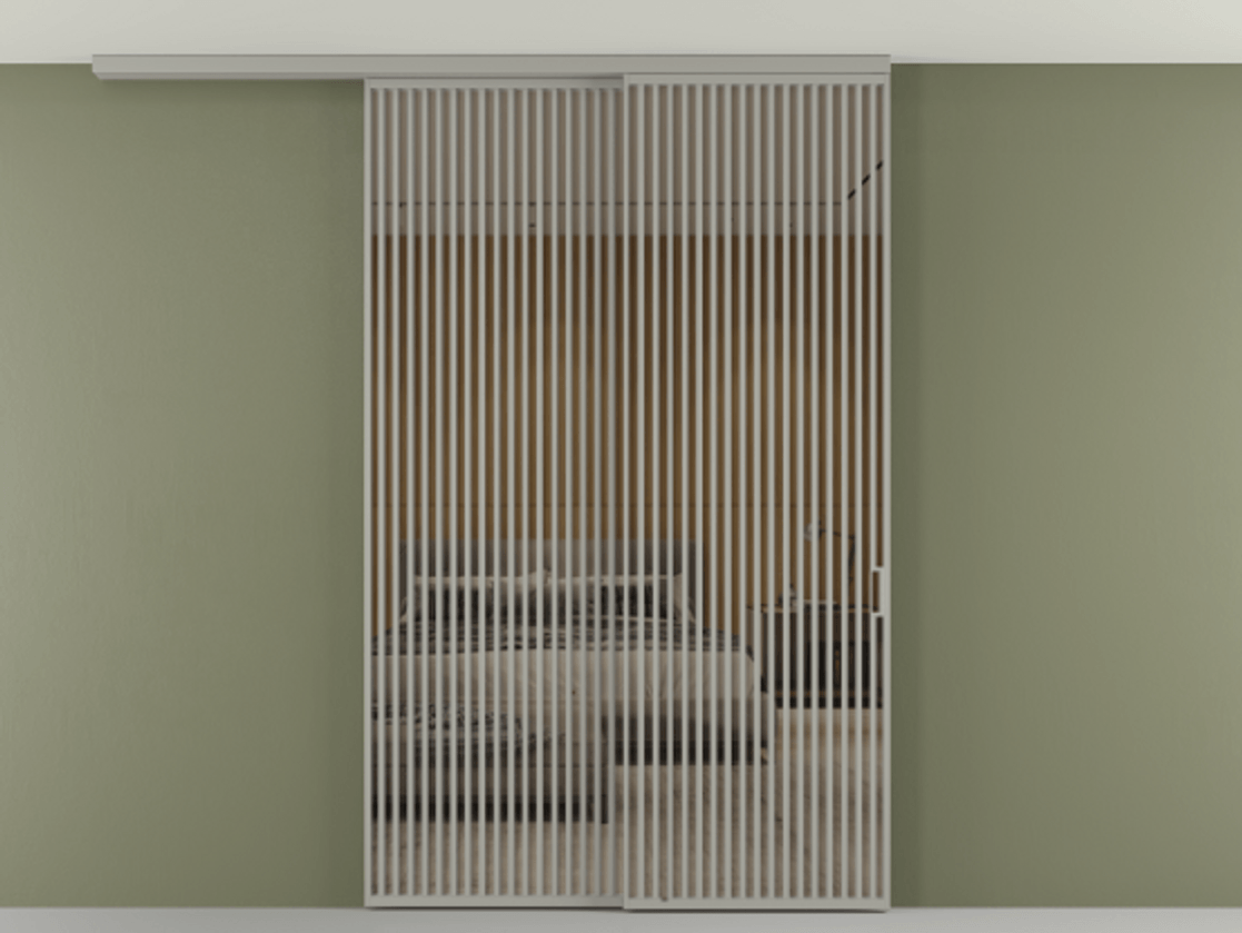 Перегородка Формато вдоль стены на потолок 2 створки с синхронным механизмом АЛПР 040.06 Алюминий нейтральный серый Рефлективное бронзовое стекло "Стопсол", калёное Цена 3124200 AMD | Volhovec