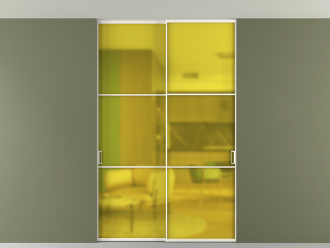 Перегородка Формато внутри проёма скрытое крепление в потолок 2 створки АЛПР 040.03 Алюминий пудровый белый Сатинированное жёлтое стекло, триплекс Цена 1674000 AMD | Volhovec