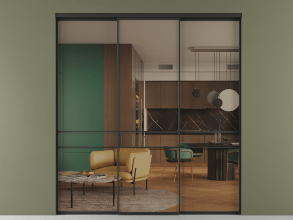 Перегородка Формато внутри проёма 3 створки АЛПР 040.02 Алюминий Черный Прозрачное бронзовое стекло, триплекс Цена 227975 ₽ | Volhovec