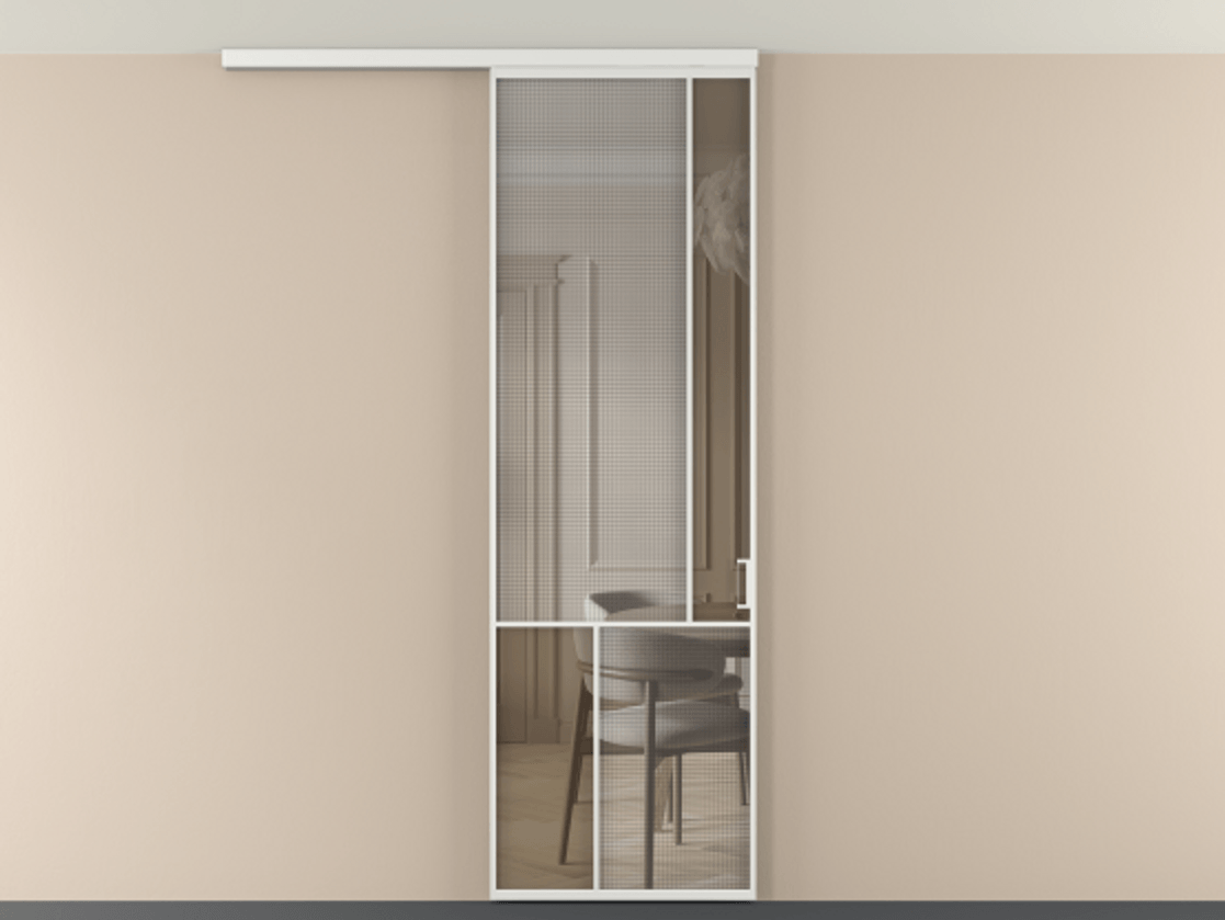 Перегородка Mosaic вдоль стены на потолок 1 створка АЛПР 041.21 Алюминий белоснежный Декоративное стекло с сеткой "Mesh silver", триплекс, 6 мм + Прозрачное бронзовое стекло, триплекс Цена 951170 AMD | Volhovec