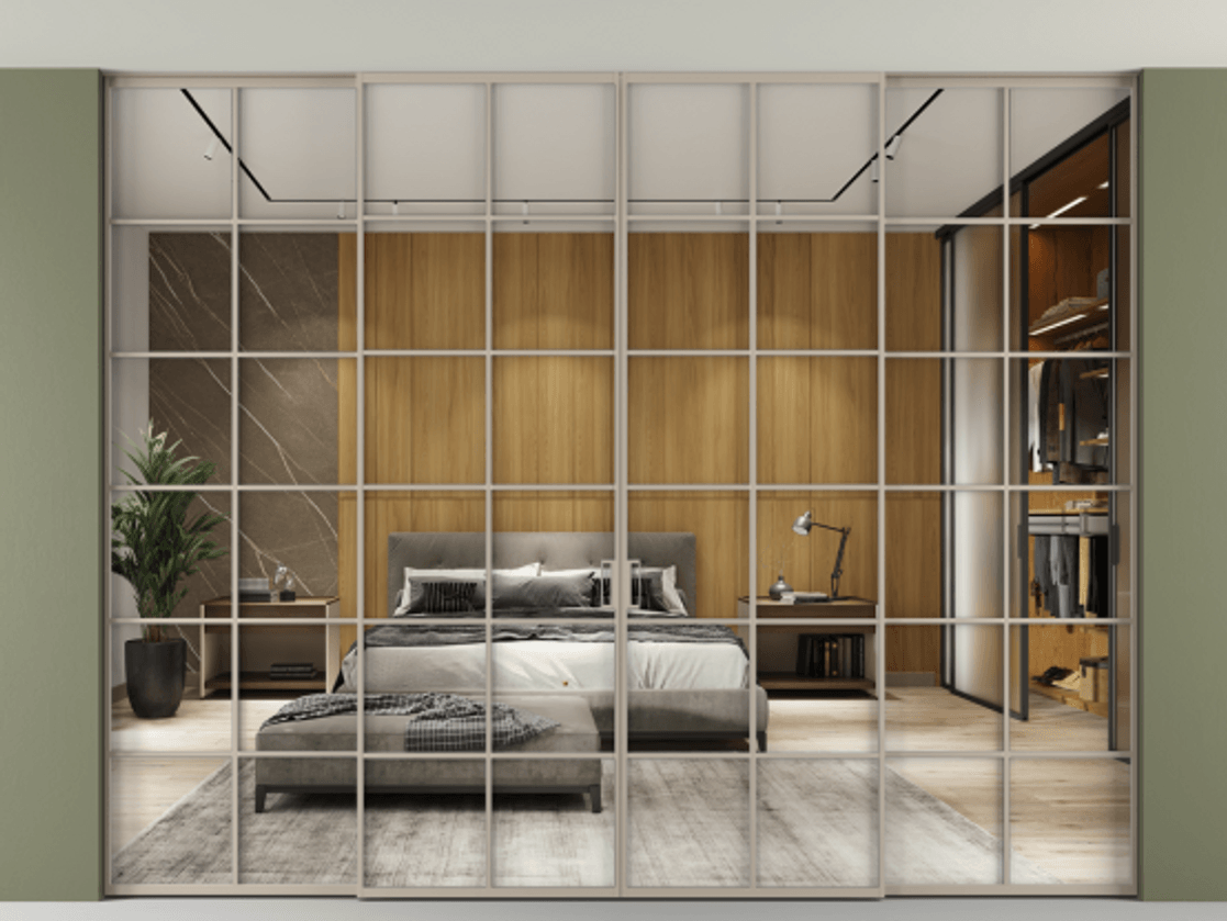 Перегородка Формато внутри проёма скрытое крепление в потолок 4 створки АЛПР 040.05 Алюминий бисквитный Двустороннее зеркало, триплекс , триплекс 6 мм Цена 3267520 AMD | Volhovec