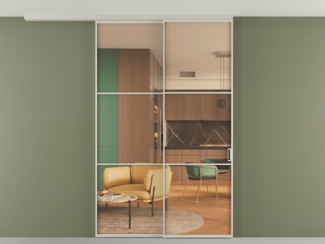 Перегородка Formato вдоль стены на потолок 2 створки с синхронным механизмом АЛПР 040.03 Алюминий тёплый серый Прозрачное оранжевое стекло, триплекс Цена 1874700 AMD | Volhovec