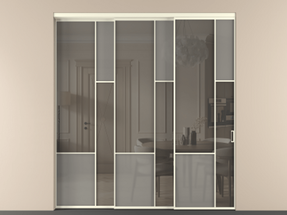 Перегородка Мозаик внутри проёма 3 створки с синхронным механизмом АЛПР 041.12 Алюминий молочно-белый Сатинированное серое стекло, триплекс, 6 мм + Прозрачное серое стекло, триплекс Цена 2949760 AMD | Volhovec