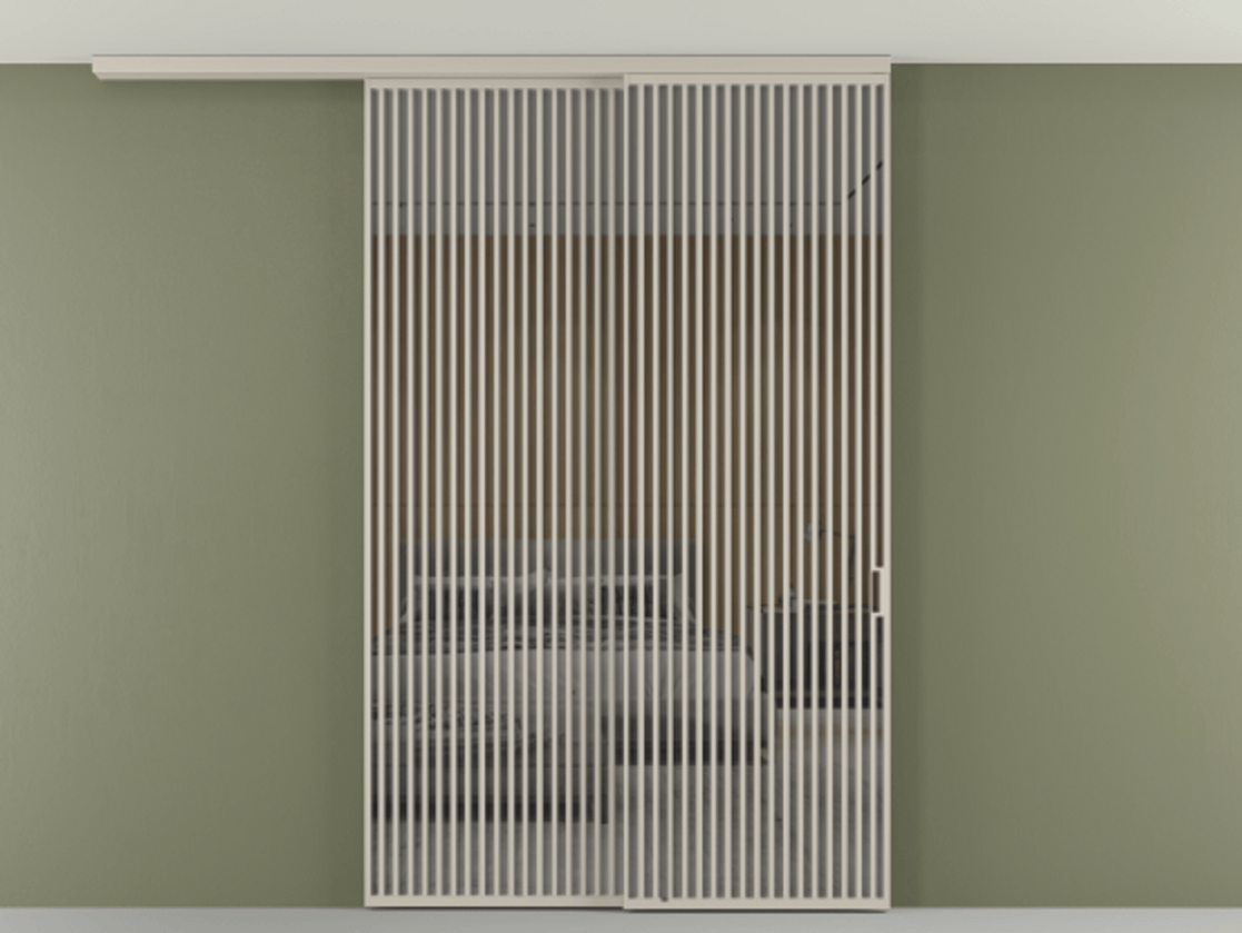 Перегородка Формато вдоль стены на потолок 2 створки с синхронным механизмом АЛПР 040.06 Алюминий светло-бежевый Рефлективное серое стекло "Стопсол", калёное Цена 3124200 AMD | Volhovec