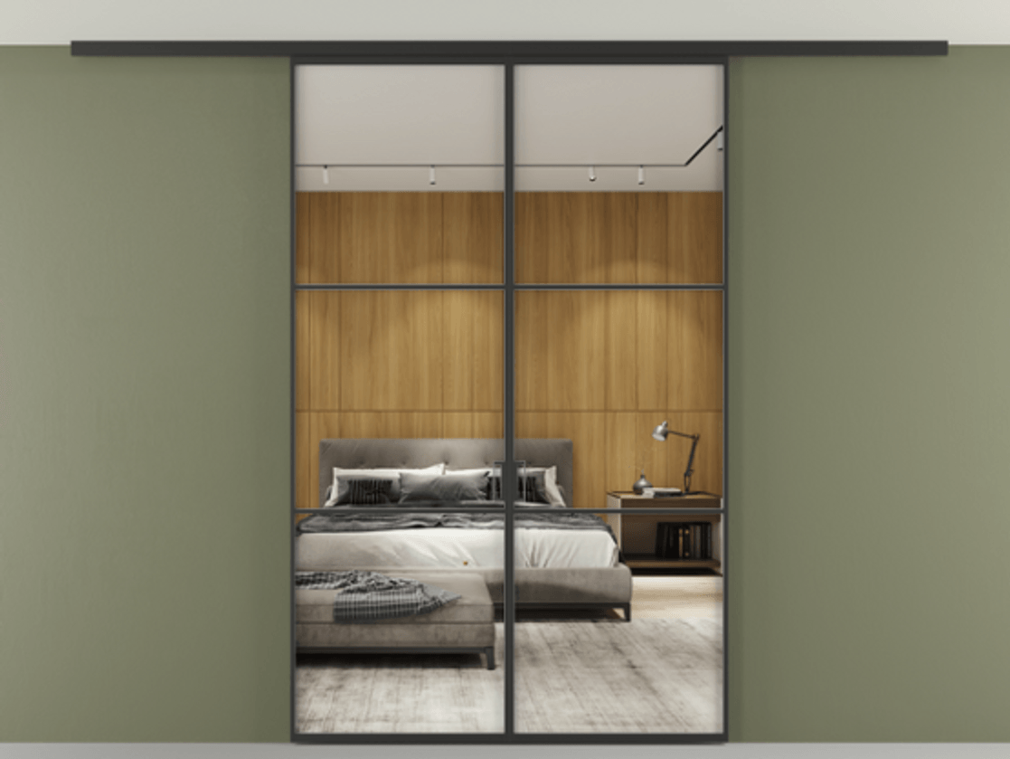 Перегородка Formato вдоль стены на потолок двустворчатая АЛПР 040.03 Алюминий Черный Двустороннее зеркало, триплекс 6 мм, триплекс 6 мм Цена 10750 AZE | Volhovec