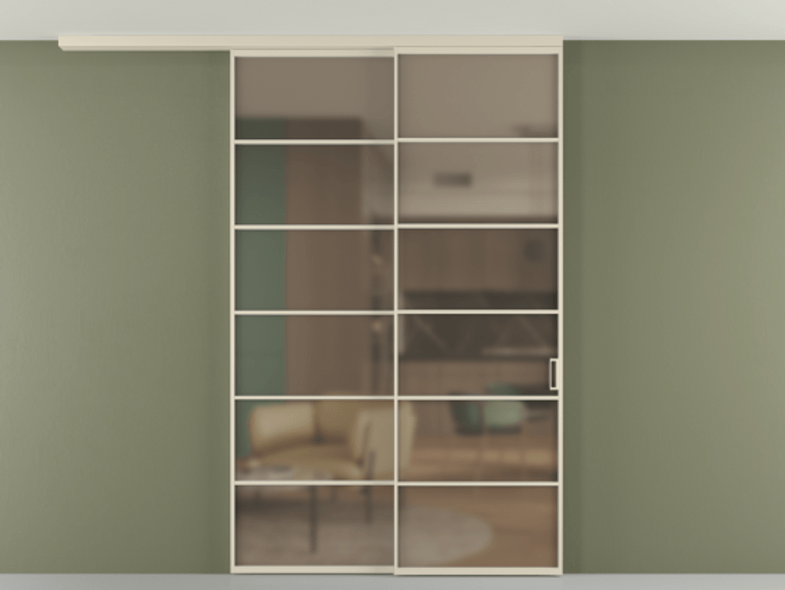 Перегородка Формато вдоль стены на потолок 2 створки с синхронным механизмом АЛПР 040.04 Алюминий бежево-серый Сатинированное бронзовое стекло, триплекс Цена 2213250 AMD | Volhovec