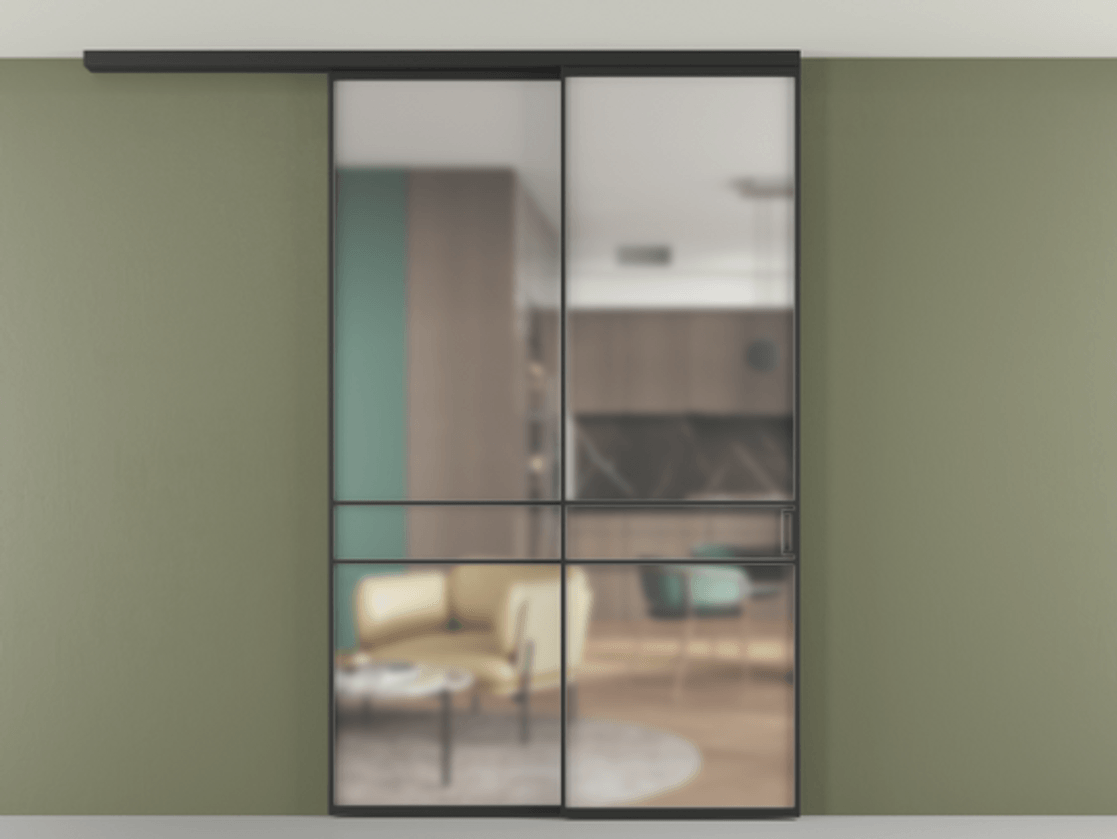 Перегородка Formato вдоль стены на потолок 2 створки с синхронным механизмом АЛПР 040.02 Алюминий Черный Сатинированное стекло "Matelux Crystal Vision", калёное, матовое, каленое 6 мм Цена 2104800 AMD | Volhovec