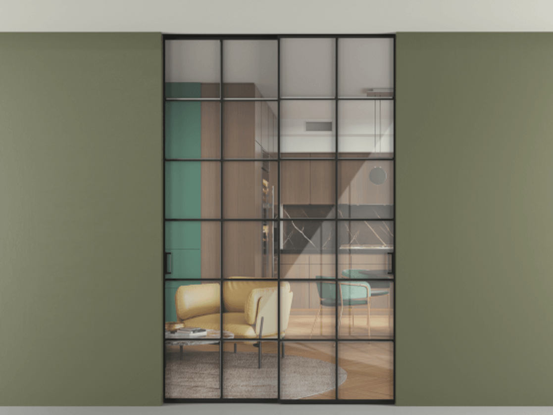 Перегородка Формато внутри проёма скрытое крепление в потолок 2 створки АЛПР 040.05 Алюминий Черный Рефлективное прозрачное стекло "Стопсол", калёное Цена 2116810 AMD | Volhovec