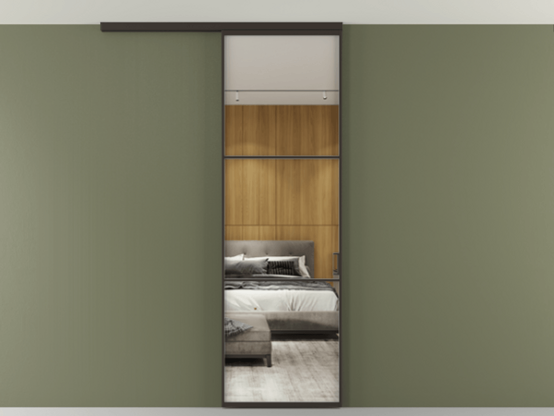 Перегородка Формато вдоль стены на потолок 1 створка АЛПР 040.03 Алюминий антрацит Двустороннее зеркало, триплекс , триплекс 6 мм Цена 681060 AMD | Volhovec