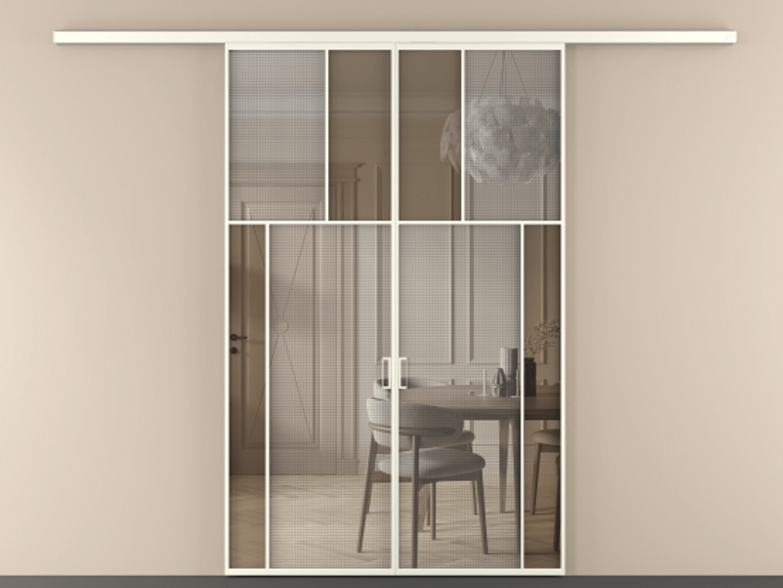 Перегородка Mosaic вдоль стены двустворчатая АЛПР 041.23 Алюминий жемчужный Декоративное стекло с сеткой "Mesh silver", триплекс, 6 мм + Прозрачное бронзовое стекло, триплекс, 6 мм Цена 261640 ₽ | Volhovec