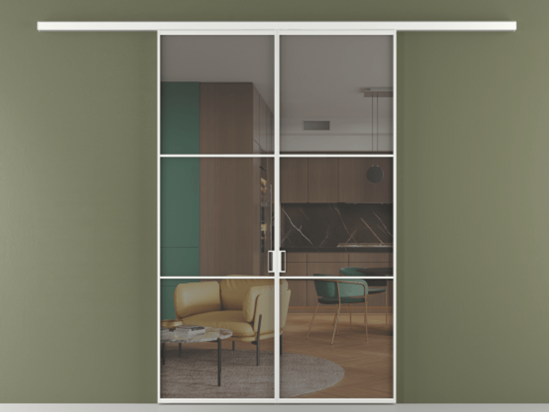 Перегородка Формато вдоль стены 2 створки АЛПР 040.03 Алюминий белоснежный Прозрачное серое стекло, триплекс Цена 1318110 AMD | Volhovec