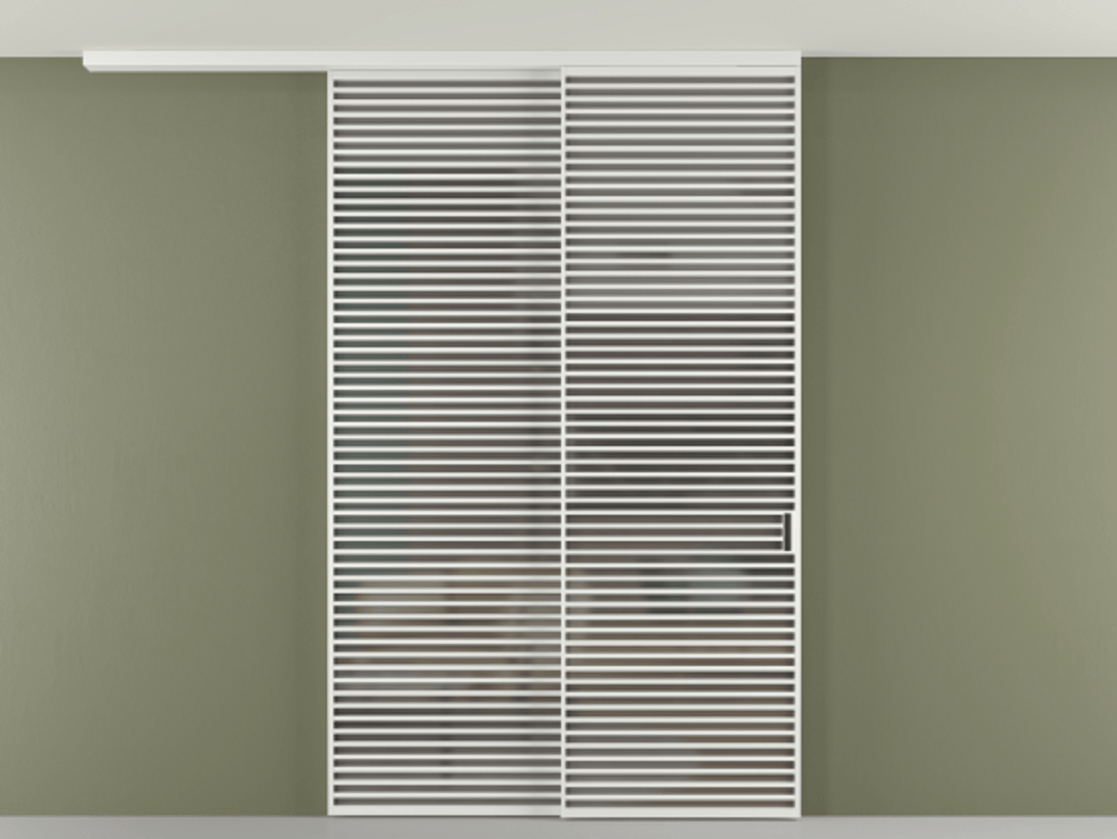 Перегородка Формато вдоль стены на потолок 2 створки с синхронным механизмом АЛПР 040.07 Алюминий белоснежный Сатинированное серое стекло, триплекс Цена 3037880 AMD | Volhovec