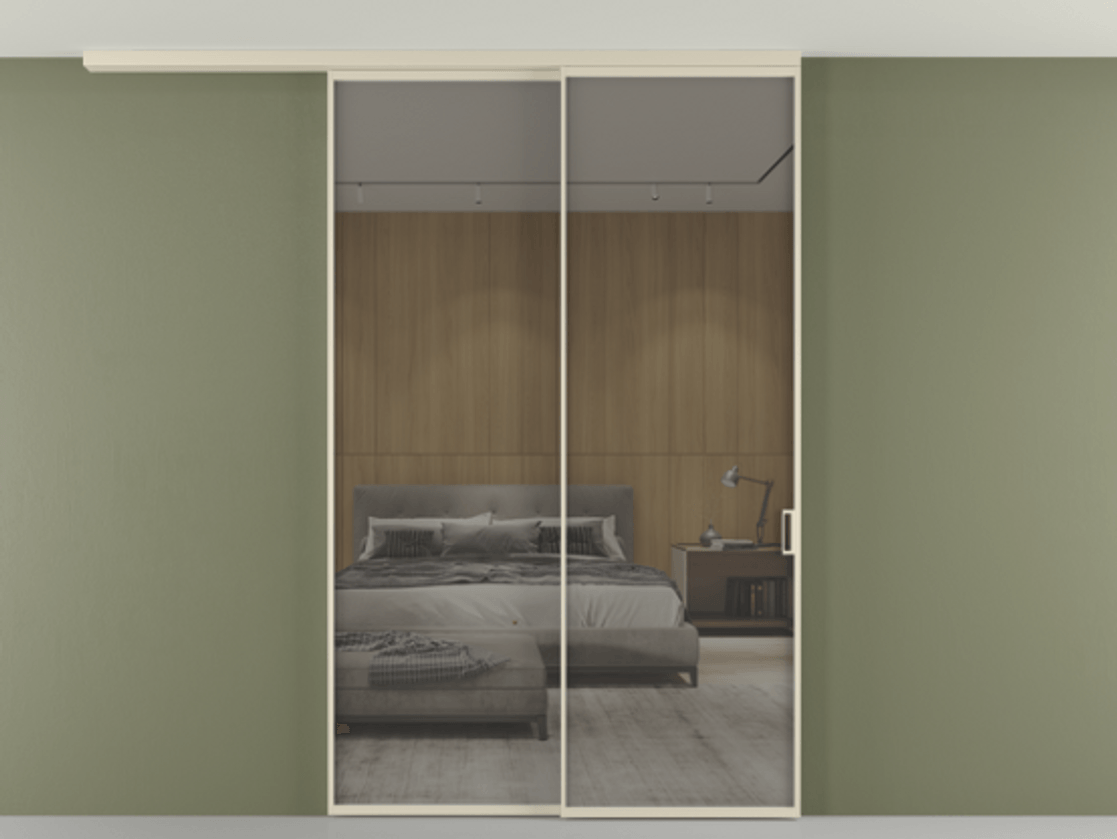 Перегородка Формато вдоль стены на потолок 2 створки с синхронным механизмом АЛПР 040.01 Алюминий бежево-серый Рефлективное серое стекло "Стопсол", калёное Цена 2125300 AMD | Volhovec