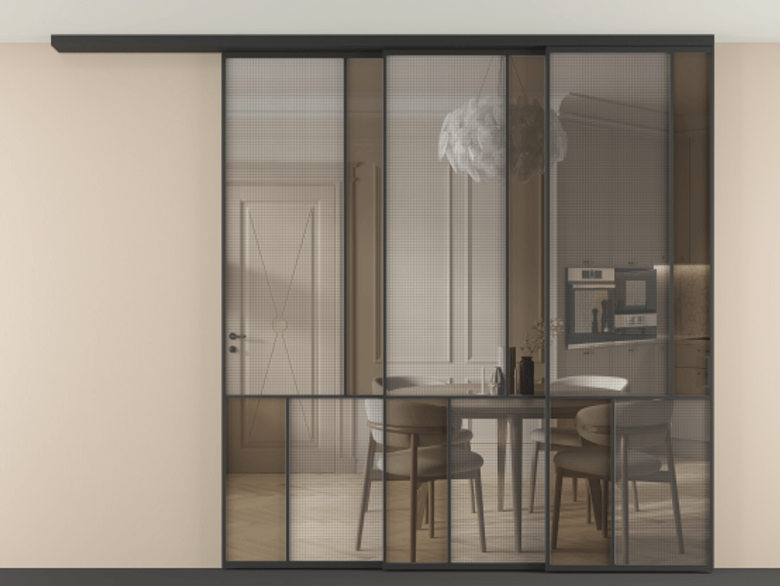 Перегородка Mosaic вдоль стены телескопик синхро 3 АЛПР 041.21 Алюминий Черный Декоративное стекло с сеткой "Mesh silver", триплекс, 6 мм + Прозрачное бронзовое стекло, триплекс Цена 3268680 AMD | Volhovec