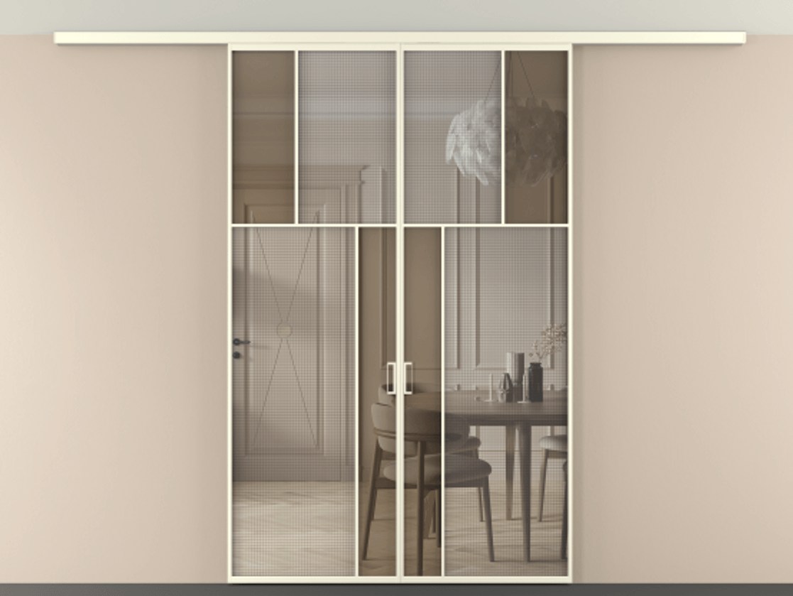 Перегородка Mosaic вдоль стены на потолок двустворчатая АЛПР 041.22 Алюминий молочно-белый Декоративное стекло с сеткой "Mesh silver", триплекс, 6 мм + Прозрачное бронзовое стекло, триплекс, 6 мм.  Цена 1752900 AMD . Фабрика дверей Волховец 8 (800) 551 43 19  Перегородка Mosaic вдоль стены на потолок двустворчатая АЛПР 041.22 Алюминий молочно-белый Декоративное стекло с сеткой "Mesh silver", триплекс, 6 мм + Прозрачное бронзовое стекло, триплекс, 6 мм Цена 1752900 AMD | Volhovec