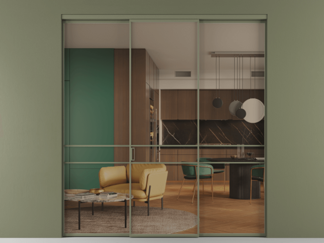 Перегородка Формато внутри проёма 3 створки АЛПР 040.02 Алюминий оливковый тёмный Прозрачное бронзовое стекло, триплекс Цена 1600180 AMD | Volhovec