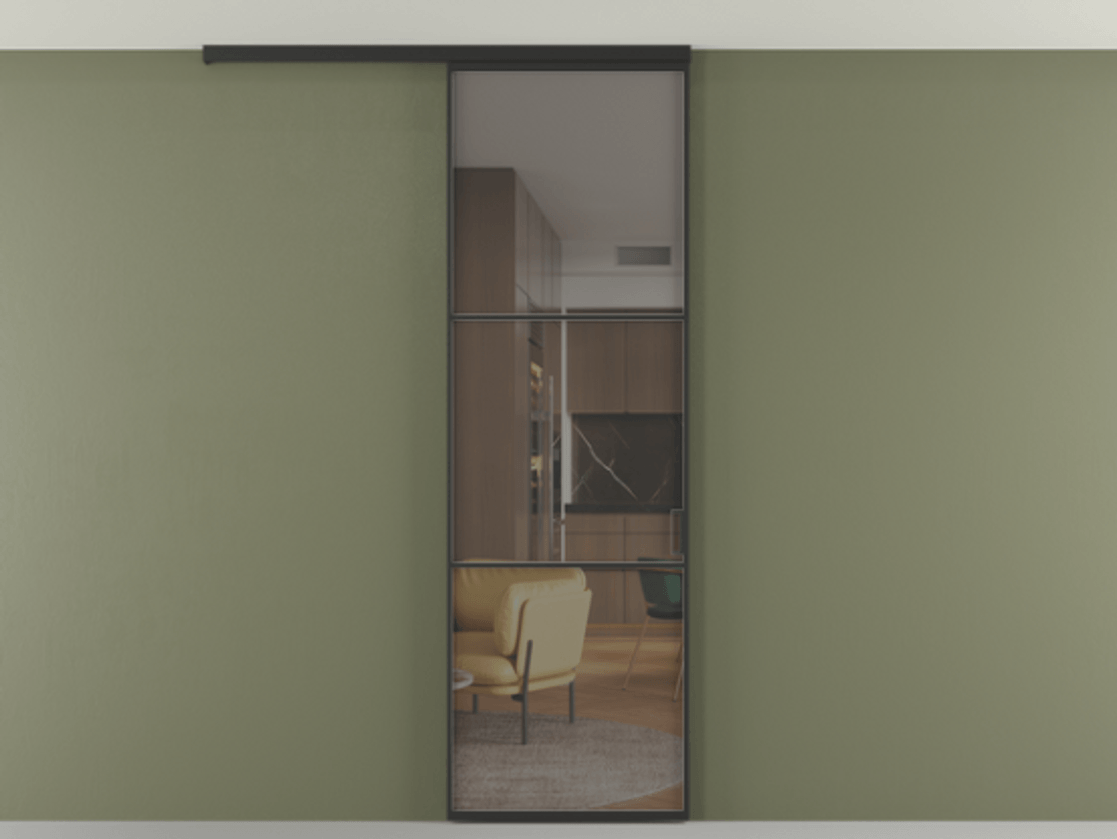 Перегородка Formato вдоль стены на потолок одностворчатая АЛПР 040.03 Алюминий Черный Прозрачное серое стекло, триплекс, 6 мм Цена 106340 ₽ | Volhovec