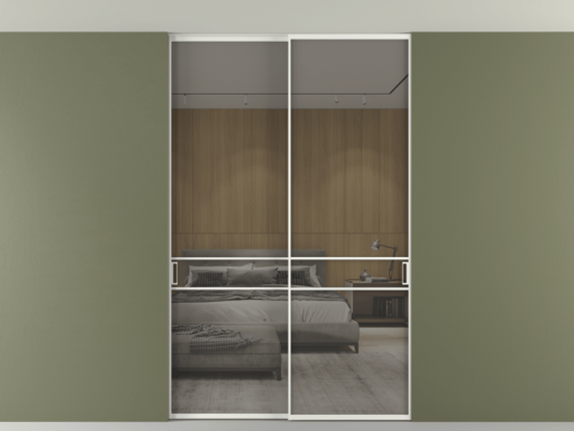 Перегородка Формато внутри проёма скрытое крепление в потолок 2 створки АЛПР 040.02 Алюминий светло-серый Рефлективное серое стекло "Стопсол", калёное Цена 2060430 AMD | Volhovec