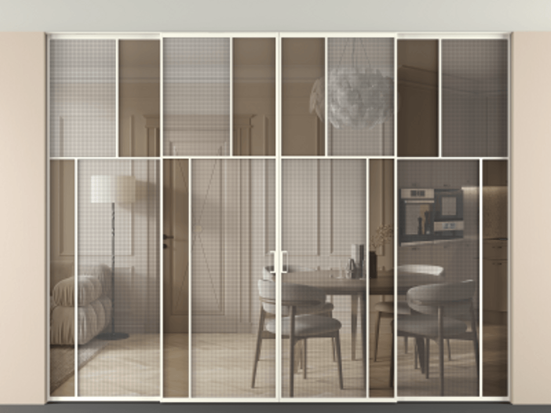 Перегородка Mosaic внутри проёма четырёхстворчатая со скрытым креплением в потолок АЛПР 041.23 Алюминий жемчужный Декоративное стекло с сеткой "Mesh silver", триплекс, 6 мм + Прозрачное бронзовое стекло, триплекс, 6 мм.  Цена 3934720 AMD . Фабрика дверей Волховец 8 (800) 551 43 19  Перегородка Mosaic внутри проёма четырёхстворчатая со скрытым креплением в потолок АЛПР 041.23 Алюминий жемчужный Декоративное стекло с сеткой "Mesh silver", триплекс, 6 мм + Прозрачное бронзовое стекло, триплекс, 6 мм Цена 3934720 AMD | Volhovec