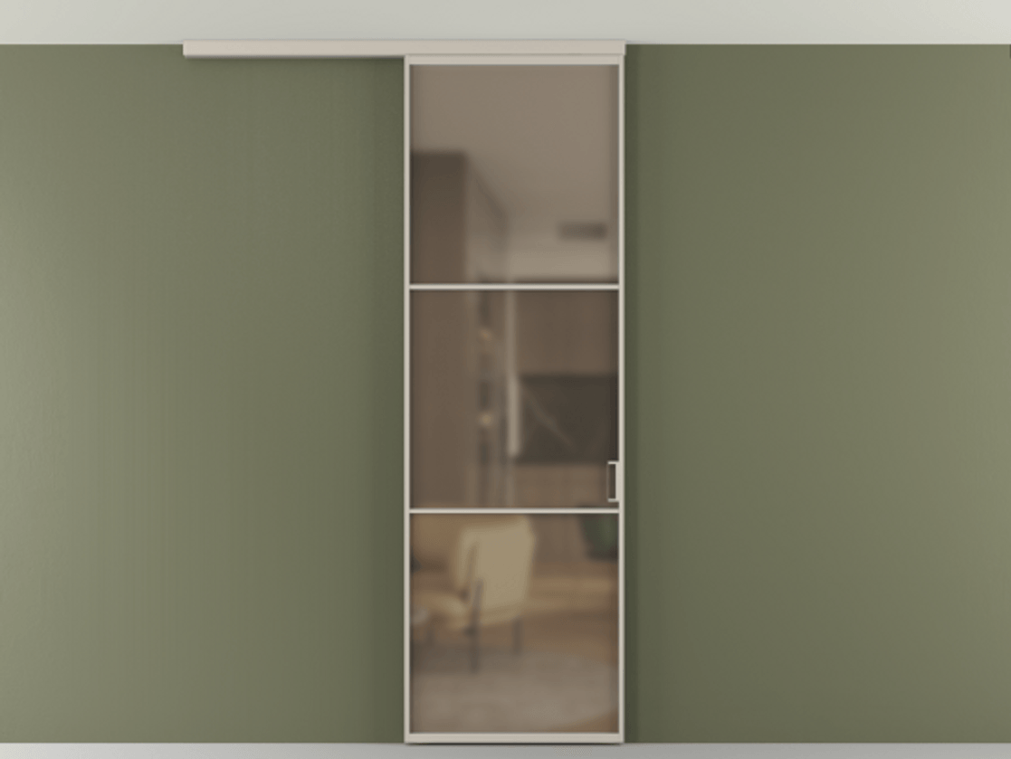 Перегородка Формато вдоль стены на потолок 1 створка АЛПР 040.03 Алюминий светло-бежевый Сатинированное бронзовое стекло, триплекс Цена 681060 AMD | Volhovec