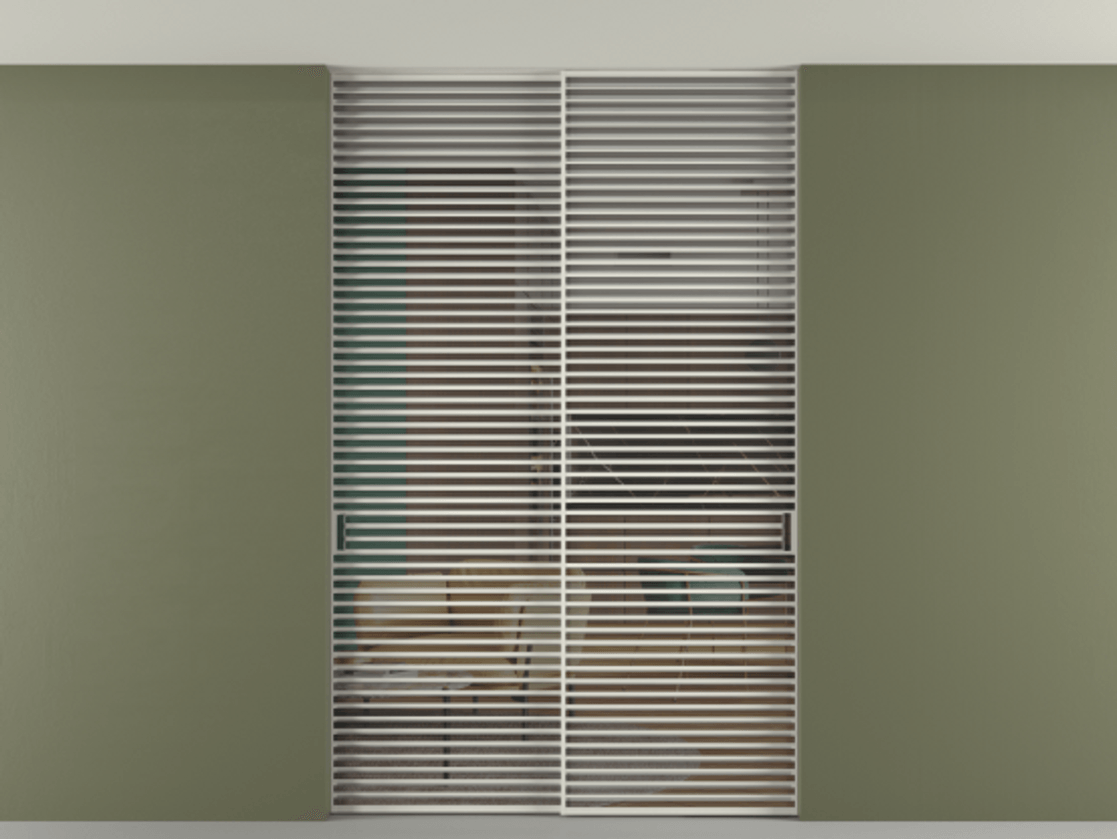 Перегородка Формато внутри проёма скрытое крепление в потолок 2 створки АЛПР 040.07 Алюминий Белый Прозрачное серое стекло, триплекс Цена 414348 ₽ | Volhovec