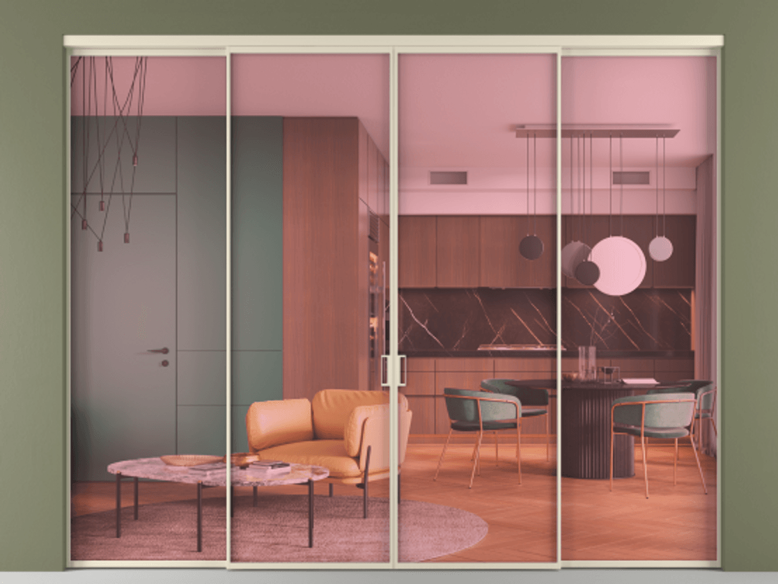 Перегородка Formato внутри проёма 4 створки АЛПР 040.01 Алюминий бежево-серый Прозрачное розовое стекло, триплекс Цена 2533000 AMD  | Volhovec