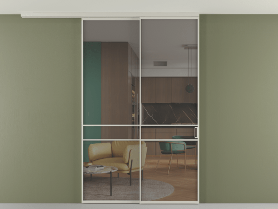 Перегородка Формато вдоль стены на потолок 2 створки с синхронным механизмом АЛПР 040.02 Алюминий тёплый серый Прозрачное серое стекло, триплекс Цена 2097520 AMD | Volhovec