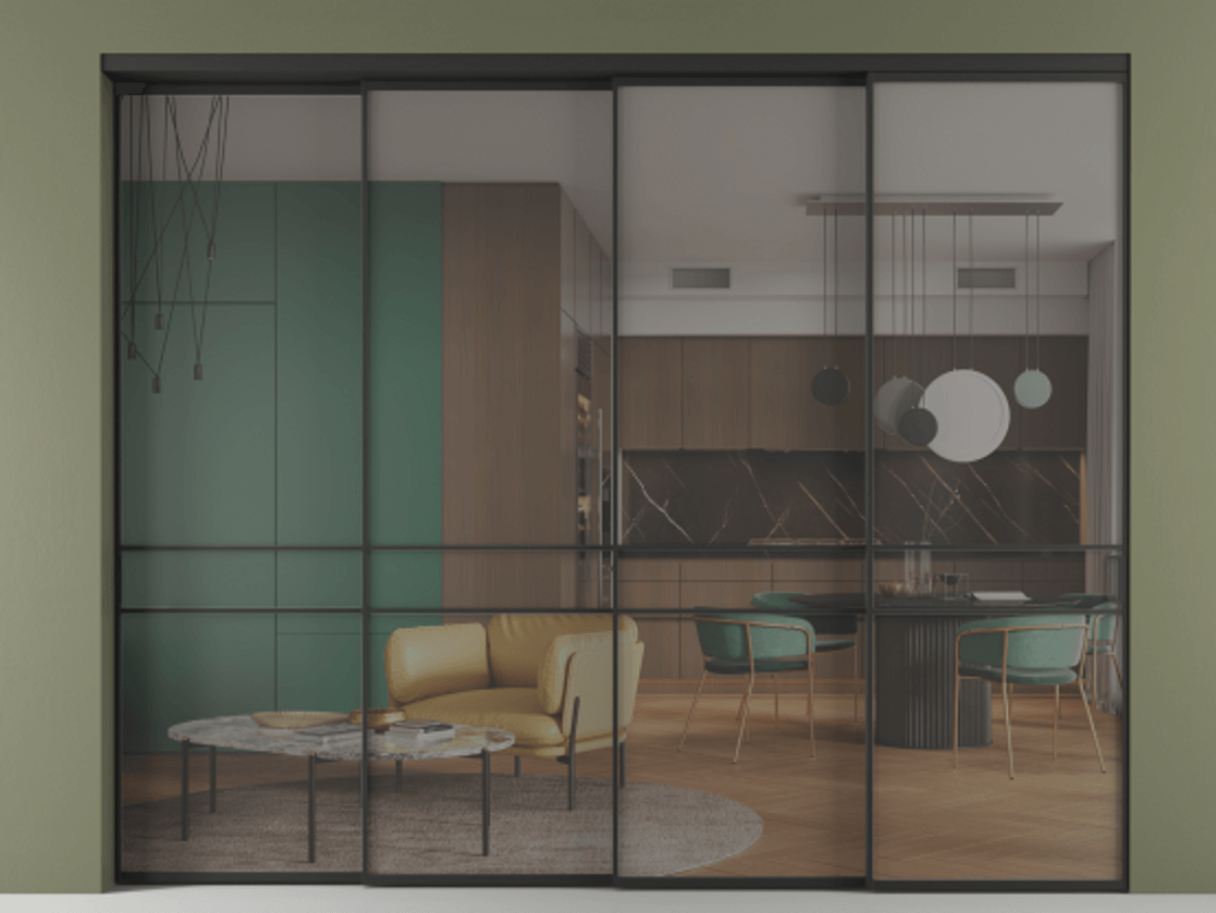 Перегородка Formato внутри проёма телескопик синхро 3 АЛПР 040.02 Алюминий Черный Прозрачное серое стекло, триплекс, 6 мм Цена 470700 ₽ | Volhovec